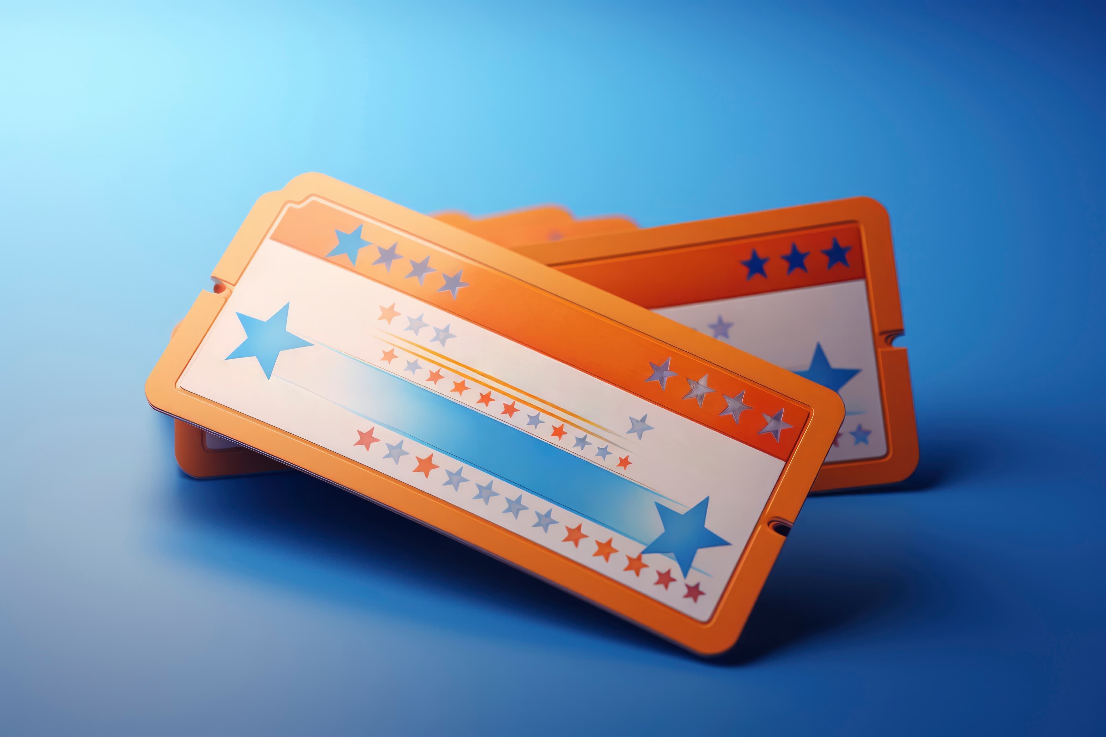 Illustrated pair of orange and blue star-patterned event tickets