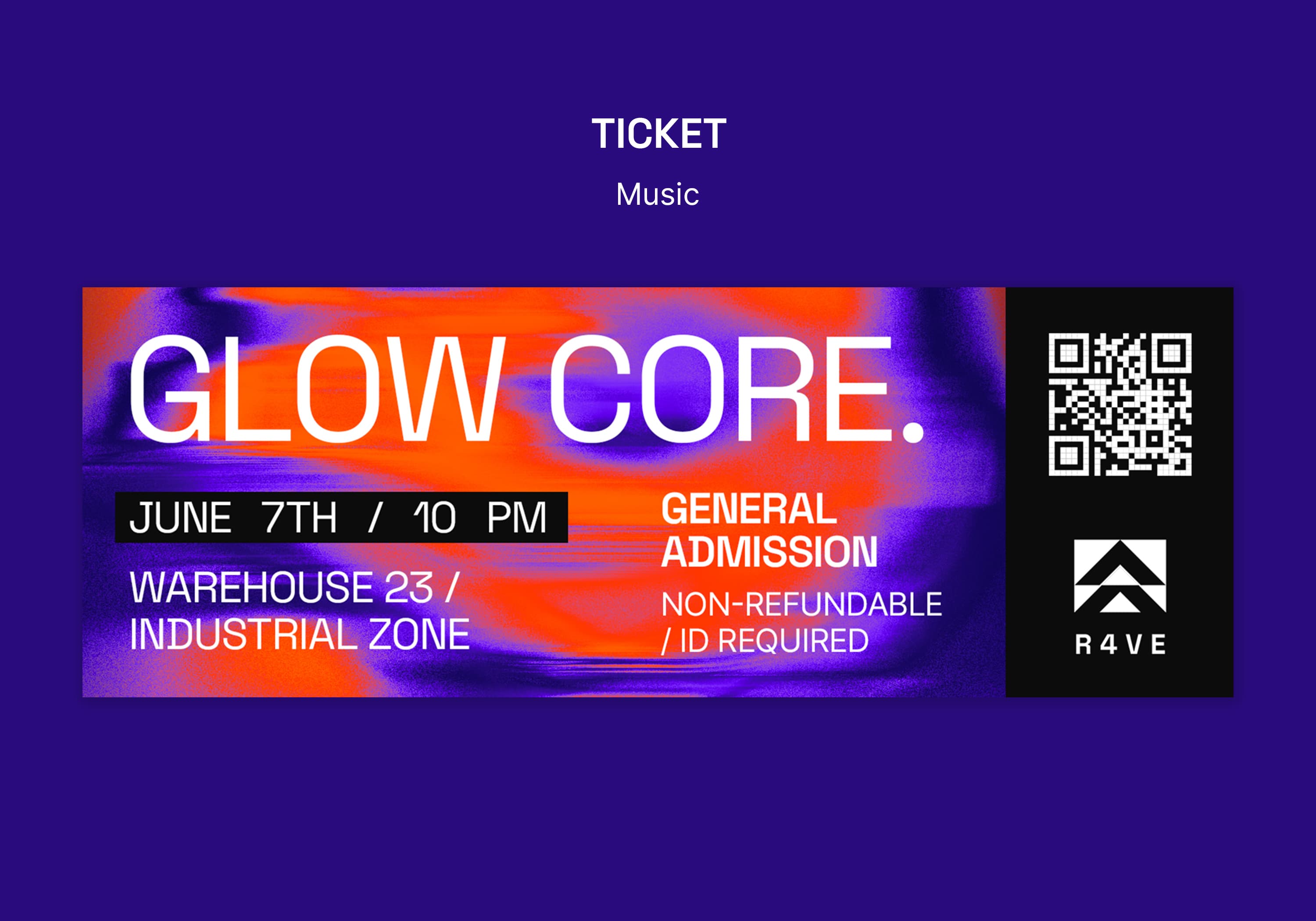 "Glow Core" neon rave ticket mockup with QR code and warehouse venue details