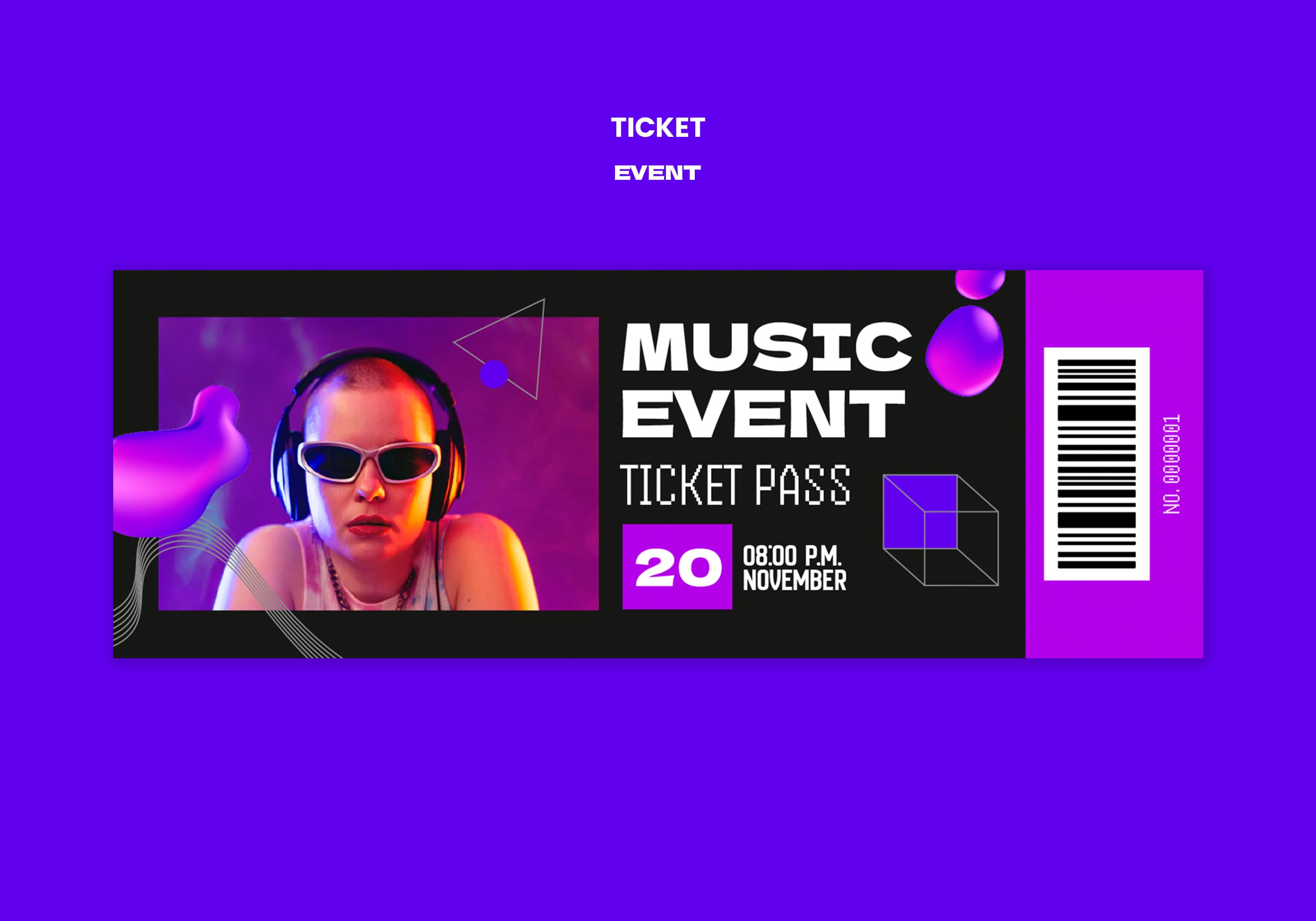 "Music Event" ticket pass mockup featuring a DJ in sunglasses and headphones